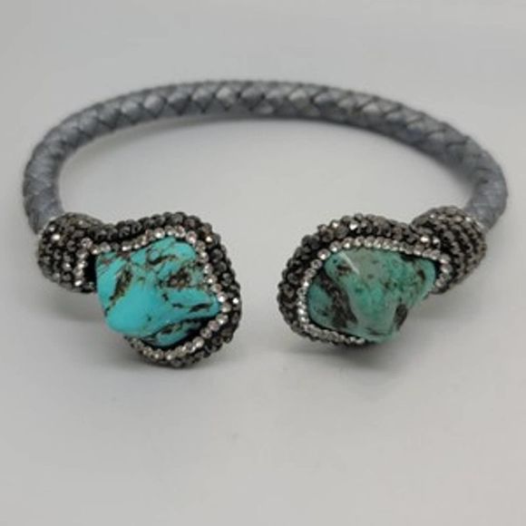 Turquoise & Round Crystal Woven Silver Cord Cuff - Picture 2 of 10